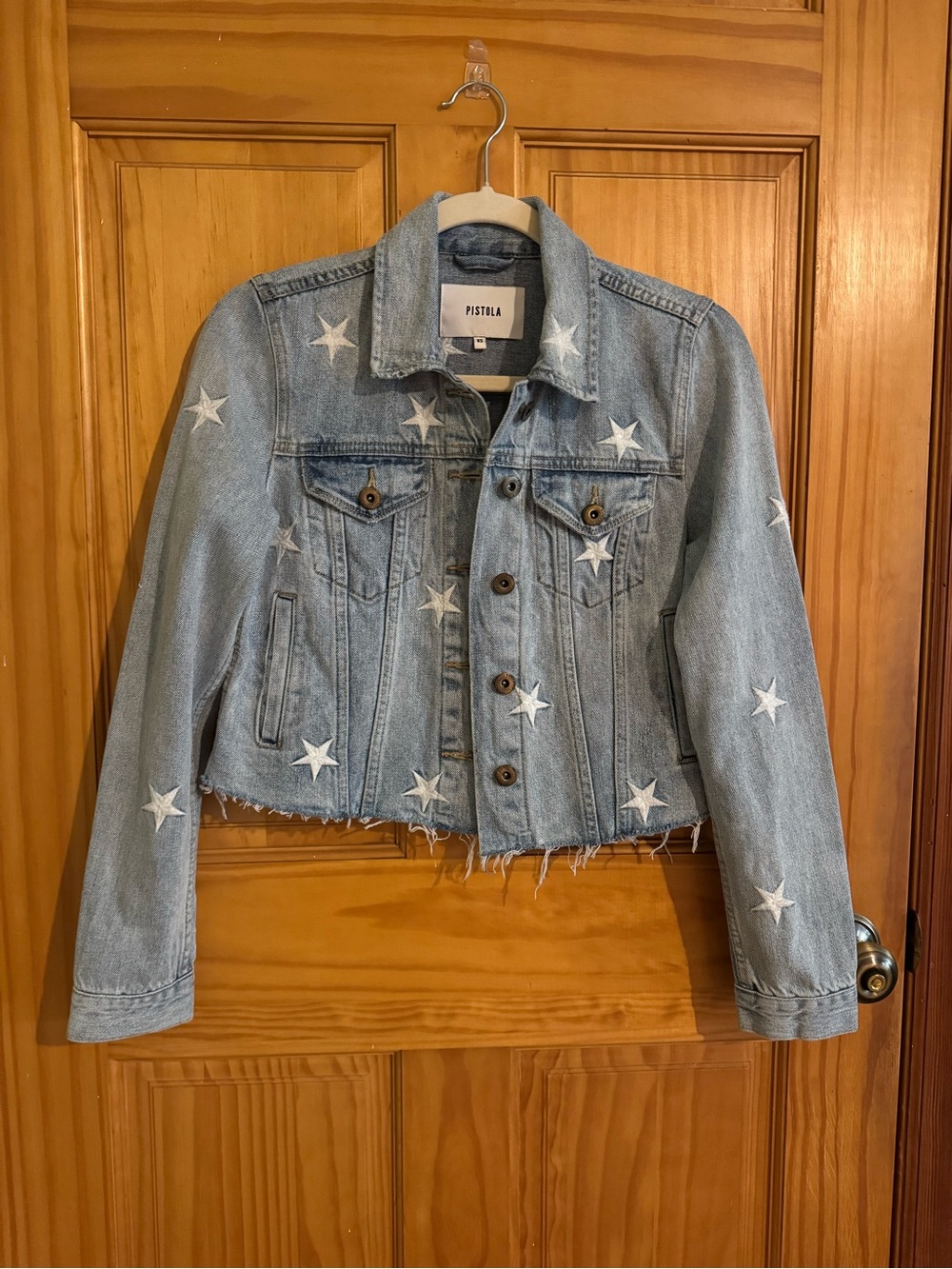 Pistola Embroidered Star Cropped Denim Jacket XS | Raw Hem